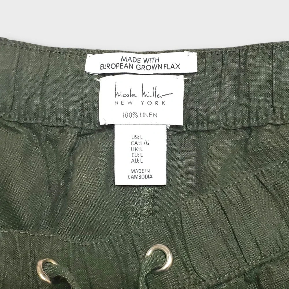 Nicole Miller New York 100% Linen‎ Cargo Joggers Green Large Drawstring Pants